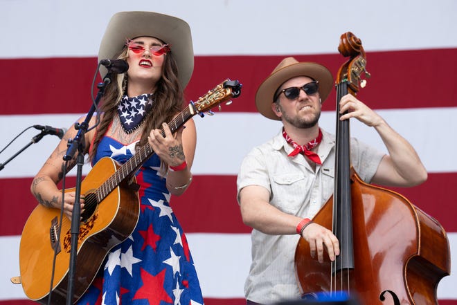 Sierra Ferrell (L) performs in concert during Willie Nelson's 4th of July Picnic at Q2 Stadium on July 04, 2023 in Austin, Texas.
